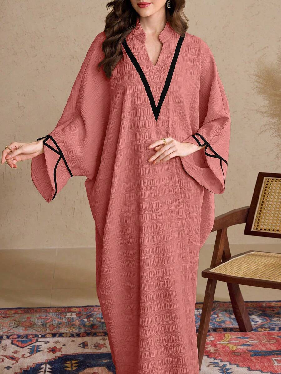 Al Najma Women's Traditional Turkish & Arabic Style Cut-Out Collar Batwing Sleeve Long Tunic Dress Modest, Kaftan - Red - View 1