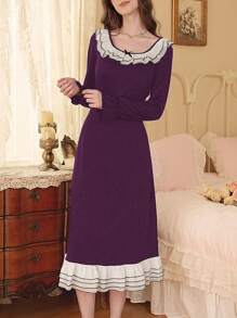 Côtesoire French Romantic Contrast Color Ruffle Hem Women Housedress Holiday Season, Vacation