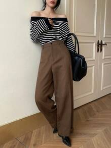 DAZY Women Wide Leg Pants With Pockets And Snap Leg Hem, Solid Color, Loose Fit - Brown - View 7