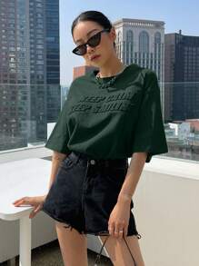 DAZY Slogan Pattern Drop Shoulder Tee KEEP CALM KEEP SMILING Oversized T-Shirt - Dark Green - View 6