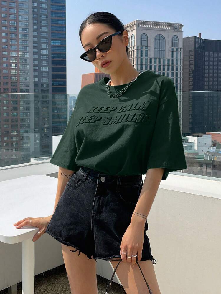 Slogan Pattern Drop Shoulder Tee KEEP CALM KEEP SMILING Oversized T-Shirt
