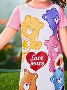 SHEIN X Care Bears Young Girl Colorful Heart And Bear Print Pink And White Cute Sweet Short Sleeve Dress - Multicolor - View 5