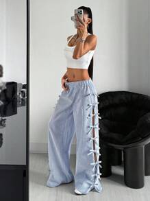 SHEIN ICON Spring And Summer Blue And White Casual Low Waist Side Tie Bow Striped Wide Leg Pants - Blue - View 6
