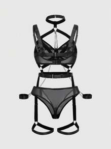 ROMWE Grunge Punk Gothic Punk Metalen Ketting Beugel Bustier, Kousenband en G-String 3-delige Sexy Lingerie Set