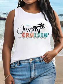 SHEIN LUNE Plus Size Casual Coconut Tree & Letter Print Tank Top For Holiday - White - View 1