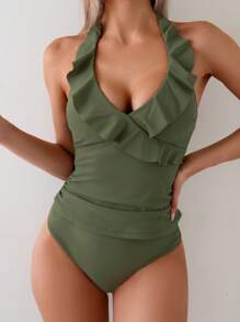 SHEIN Swim طقم بلوزة كامي وبليزر حمام تجريدي بطيات للنساء، قطعتان - أخضر عسكري - مشاهدة 5