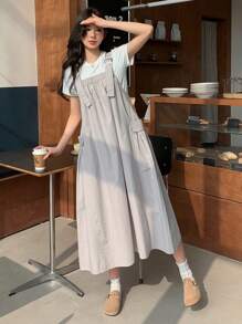 DAZY 女式无袖背带裙，带大口袋，夏季太阳裙，休闲女装 - 米色 - 查看 4