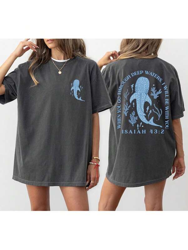 INAWLY Women Loose Fit Round Neck Whale Slogan Contrast Color Graphic T-Shirt