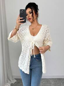 Elenzga Women's Summer Hollow Knitted Tie Front Cover Up, Casual Beach Cover Up