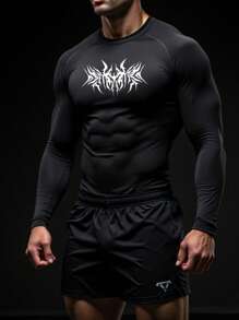 Manfinity Sport Corelite Men Contrast Color Print Raglan Sleeve Sports T-Shirt, Compression Long Sleeve, Graphic Compression Shirt , Black Compression Shirt , Men Compression Tops Workout Tops Gym Top Fall Compression Shirt Breathable Fitted Shirt Fall Crew Neck Compression Shirt Men - Black - View 4