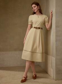 MOTF PREMIUM VESTIDO PLISADO CON CINTURÓN - Caqui - Ver 6