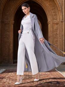 Al Najma Women's Solid Color Lapel Neck Long Sleeve Arabian Abaya Robe Jacket - Grey - View 4