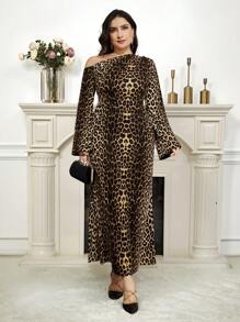 Modelyn Plus Size Fashionable Leopard Print Asymmetric Neck Flare Sleeve Dress - Multicolor - View 5