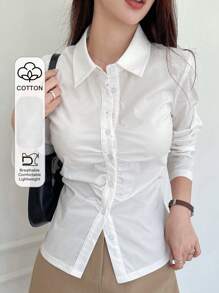 DAZY Camisa con fruncidos y botones en la parte delantera, top de manga larga