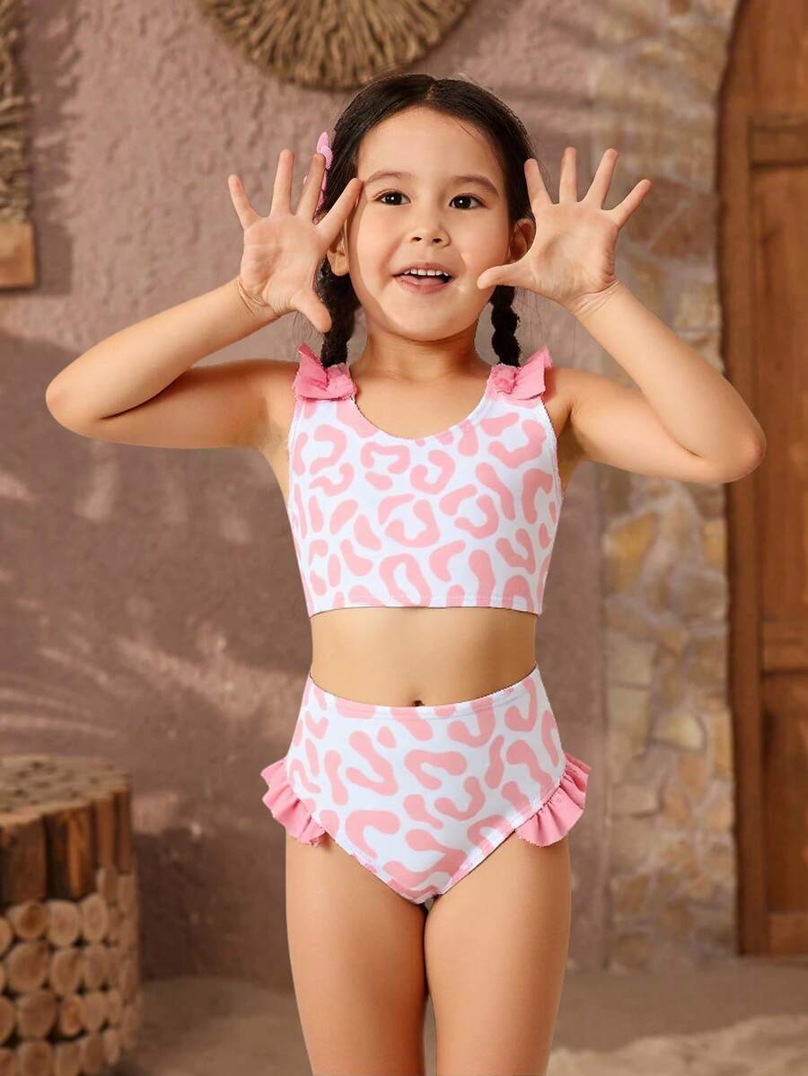 SHEIN 年轻女孩纯色拼接比基尼上衣和下装泳衣套装 - 彩色 - 查看 1