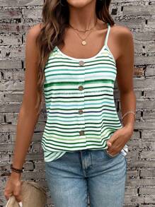 SHEIN LUNE Knit Multicolor Striped Women's Cami Top With Button Design Graphic Tees Women Tops