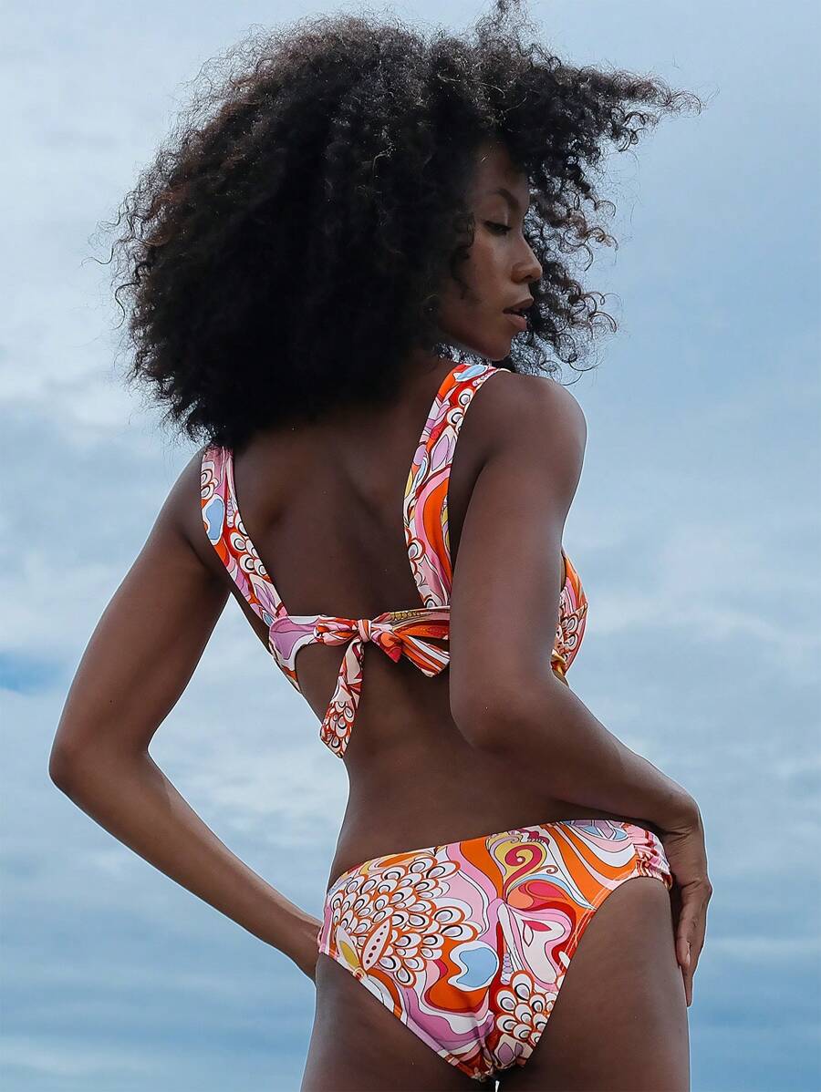Vaytide Set de 2 piezas de bikini con estampado gráfico y copas duras con cordones para mujeres, ideal para el verano y vacaciones en la playa - Multicolor - Ver 1