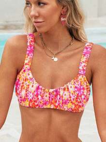 Swim Mod Spring Break Tropical Floral Ruched Wide Strap Wireless Sexy Women Vacation Bikini Swimwear Top For Summer - Multicolor - View 5