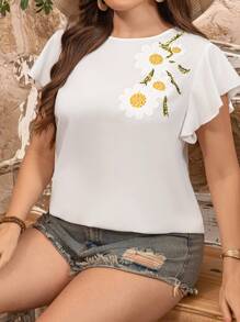 SHEIN LUNE 大码女式花卉印花荷叶边圆领衬衫，女士夏季服装圣帕特里克节狂欢服装节日春假服装圣帕特里克波西米亚风