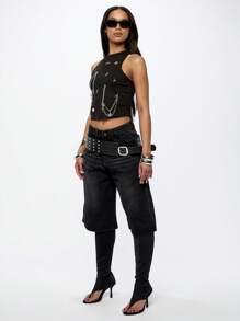 SUMWON WOMEN Wide Leg Denim Jorts Shorts, High Waist Jorts With Vintage Wash, Casual Loose Fit Street Style Culotte Length Fashion Bottoms With Side Pockets - Black - View 4