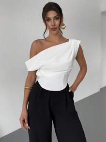 Firerie Women's Elegant Minimalist Stylish Romantic Music Festival Sexy Asymmetrical Neck Asymmetrical Drapery Backless Bodysuits, White - White - View 7