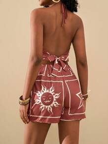 Travachic 2pcs Set Sun & Moon Graphic Halter Top And Skirt, Vacation Co-Ord Summer Clothes Women Two Pieces Outfits