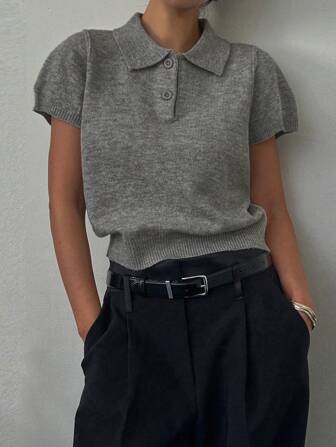 DAZY Solid Color Form-Fitting Short Sleeve Polo Collar Casual Knit Top For Women, Spring/Summer,Back To School Clothes