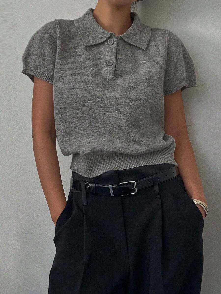 DAZY 女式纯色修身短袖 Polo 领休闲针织上衣，春夏季，返校服装