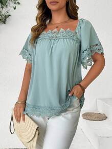 SHEIN Clasi Plus Size Women Elegant Casual Commuter Style Hollow Out Embroidery Texture Fabric Square Collar Splice Lace Trim Puff Sleeve Doll Dress, Gentle Maiden Vibe, Suitable For Dates, Graduation, Festivals, Valentine's Day, Thanksgiving, Christmas, Easter, National Holiday, Prom, Meetings, Commuting, Daily Outings, St. Patrick's Day - Multicolor - View 5