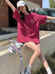 DAZY 夏季休闲宽松圆领字母印花短袖T恤 FANTASTIC ADVENTURE KEEP GOING 超大码T恤，图案T恤 - 玫紅色 - 查看 6