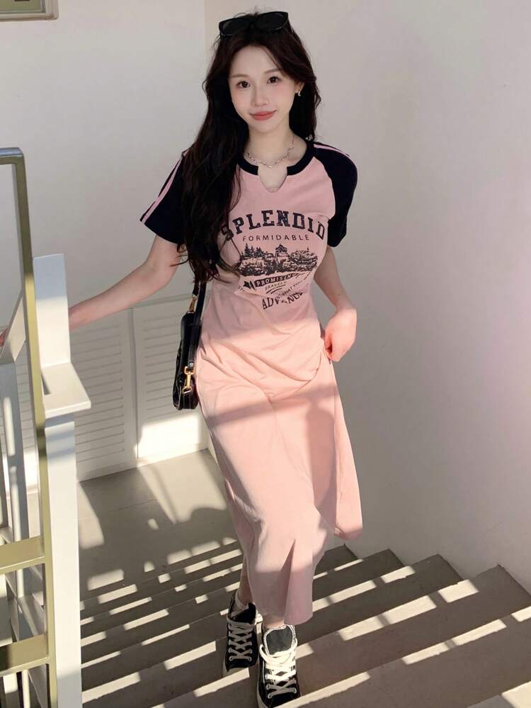 Women's Color Block Castle Letter Printed Long Dress With Notched Collar Sundress