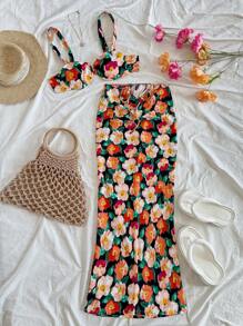 Soleia 女士度假夏季休闲浪漫海滨沙滩花卉印花上衣和裙子两件套服装适合节日、复活节、毕业典礼、婚礼、返校季、可爱夏威夷午餐休闲度假装