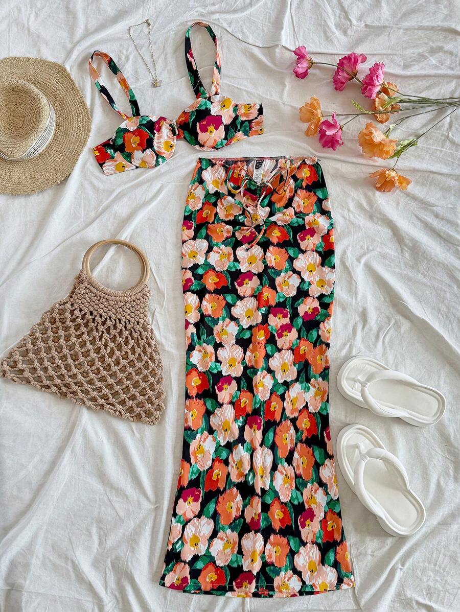 Soleia 女士度假夏季休闲浪漫海滨沙滩花卉印花上衣和裙子两件套服装适合节日、复活节、毕业典礼、婚礼、返校季、可爱夏威夷午餐休闲度假装