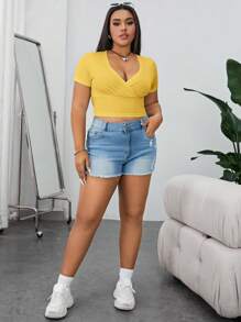 SHEIN EZwear 大码休闲简约纯色修身短款 T 恤 - 黃色 - 查看 3