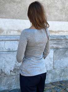 INAWLY Light Gray Casual & Simple Long Sleeve Top With Drawstrings Fall Cloth For Women - Light Grey - View 4