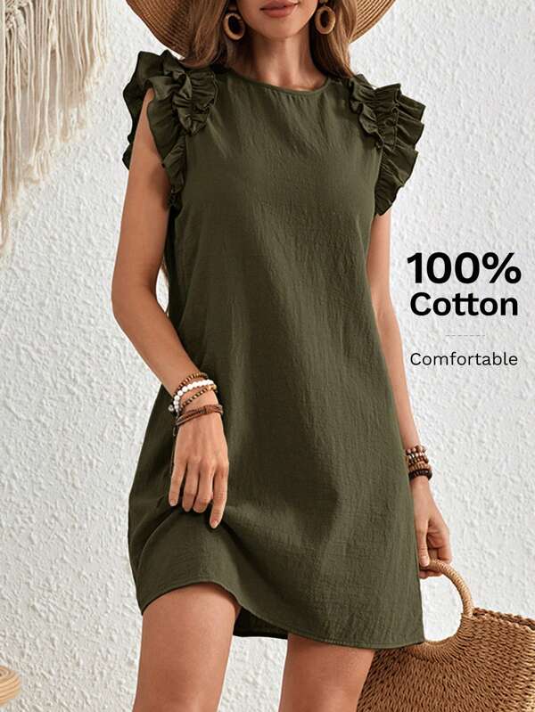 EMERY ROSE Solid Color Ruffle Trim Vacation Mini Dress For Women