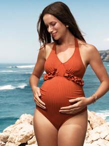 SHEIN 1pc Maternity Neck Halter Swimsuit, Suitable For Summer Beach And Holiday - Burnt Orange - View 5