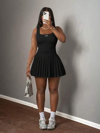 Slaydiva New Spring And Summer Casual Simple Basic U-Neck Racer Vest With Black Label And White Words Pleated Skirt Including Shorts And Culottes White Knitted Fabric Women's Mini Dress,Sun Dresses For Women