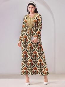 SHEIN Najma Minimalist Design All-Over Print Modest Arabian Style Dress - White - View 3