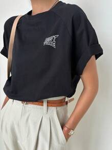 DAZY Letter Graphic Raglan Sleeve Tee - Black - View 6