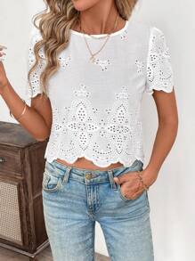 Solivie Women's Embroidered Round Neck Short Puff Sleeve Casual Cropped Shirt, Spring/Summer - White - View 7