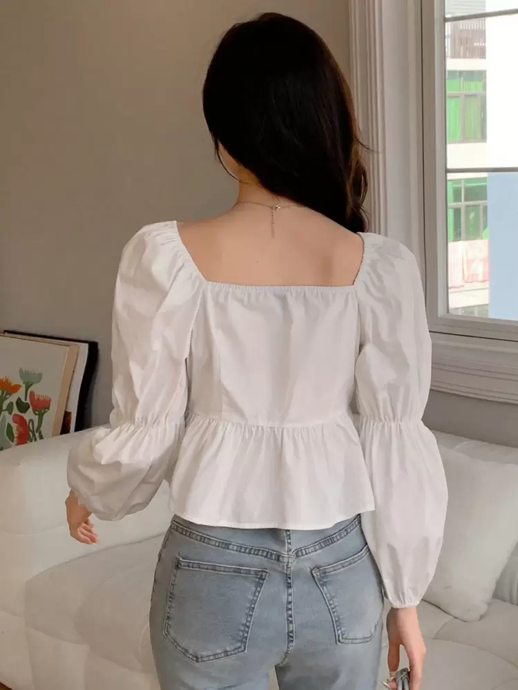 Women'S Solid Color Lantern Sleeve Shirt,Babydoll Top Long Sleeve Top