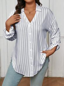 SHEIN Frenchy 大码休闲卡其色条纹长袖纽扣衬衫 - 灰色 - 查看 4