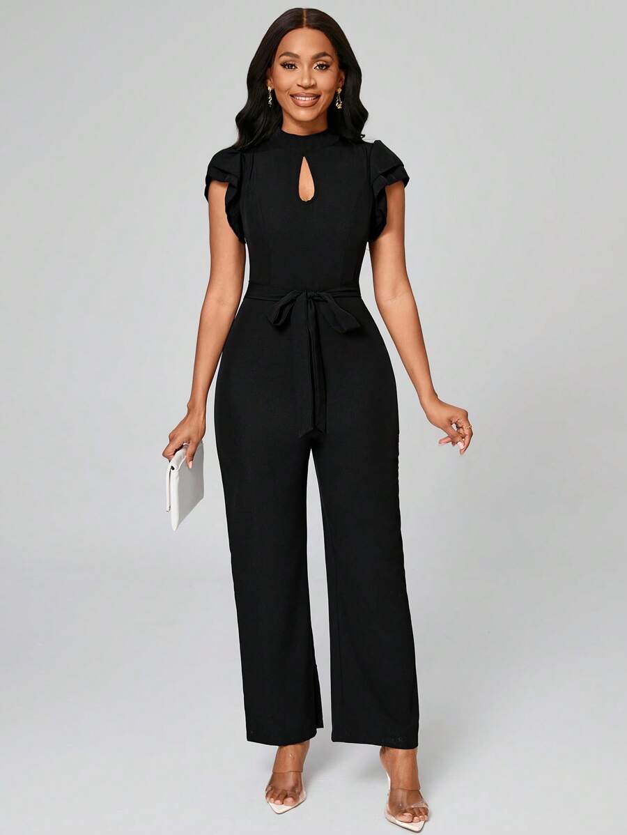 Lyxana 女士锁眼领口荷叶边袖休闲连身裤 - 黑色 - 查看 1