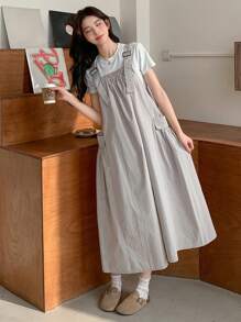 DAZY 女式无袖背带裙，带大口袋，夏季太阳裙，休闲女装 - 米色 - 查看 3