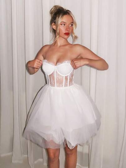 Relinas 性感甜美蕾丝拼布钢圈骨荷叶边A字下摆紧身迷你连衣裙女士连衣裙白色连衣裙女士新娘接待礼服