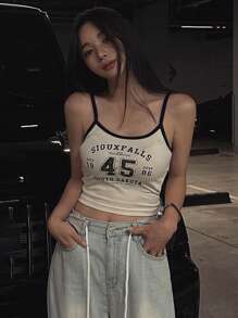 DAZY 女士修身短款细肩带背心，字母印花和色块设计，夏季短款女式上衣 - 杏色 - 查看 6
