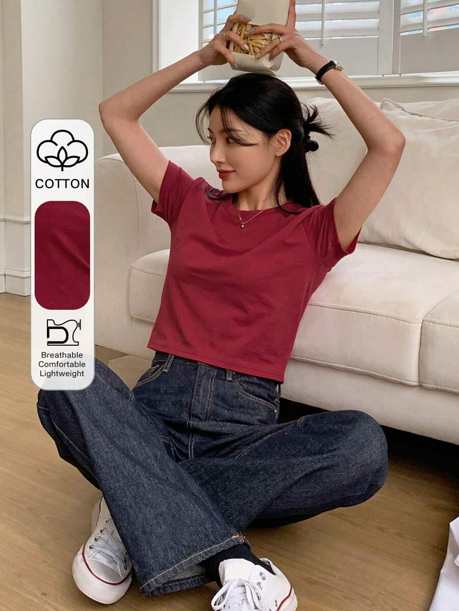 DAZY 女士夏季純色圓領短袖休閒T恤 - 玫瑰紅 - 查看 1