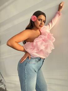 SHEIN Frenchy Blusa versátil talla grande para el trabajo, resort, té de la tarde, cita, concierto, fiesta, con estilo académico retro de moda INS para la playa, cuello de volantes voluminoso, cuello corto ajustado y asimétrico, manga larga, color rosa, adecuada para el Día de San Valentín