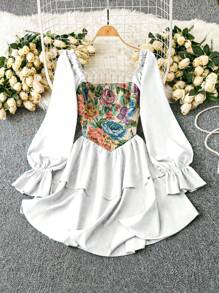 SHEIN LUNE Abito vintage alla francese con stampa di dipinti ad olio di palazzo, colletto quadrato, doppio strato di rouches sul fondo